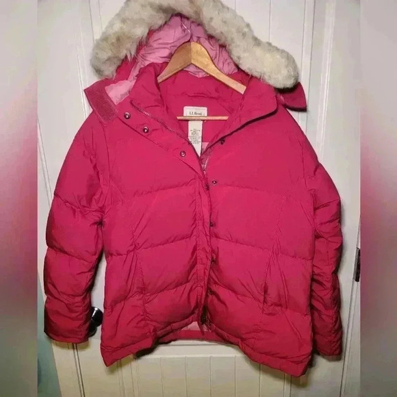 LL BEAN red goose down puffer jacket with removable hood MP - Picture 1 of 10